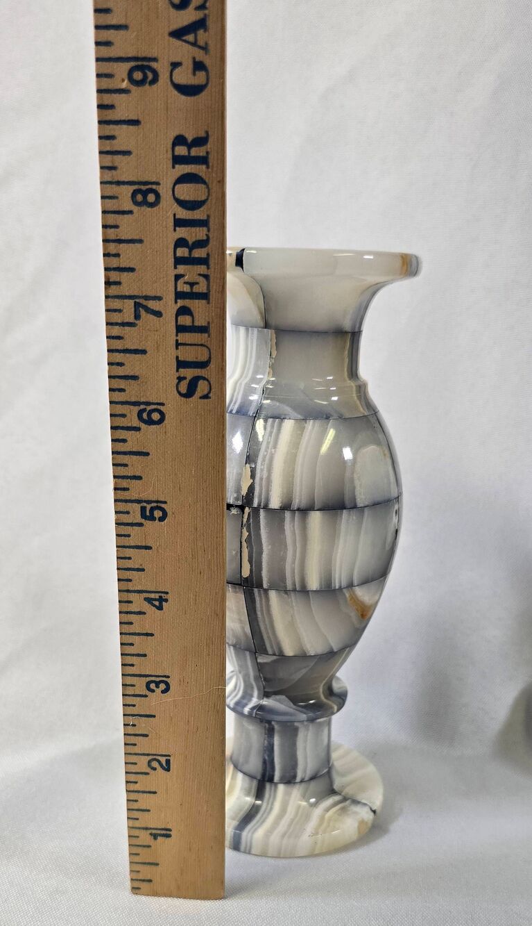 Vintage Patchwork Onyx Marble Tulip Vase – Black, Gray, & Cream - Picture 10 of 10